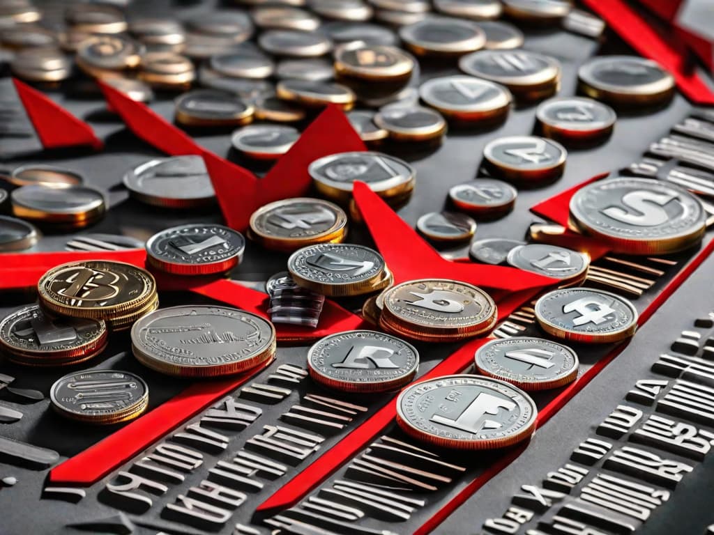  A stack of golden coins decreasing in height from left to right, with a red arrow pointing downwards, superimposed on a blurred stock market chart background. digital art, ilustration, no flares, clean hyperrealistic, full body, detailed clothing, highly detailed, cinematic lighting, stunningly beautiful, intricate, sharp focus, f/1. 8, 85mm, (centered image composition), (professionally color graded), ((bright soft diffused light)), volumetric fog, trending on instagram, trending on tumblr, HDR 4K, 8K