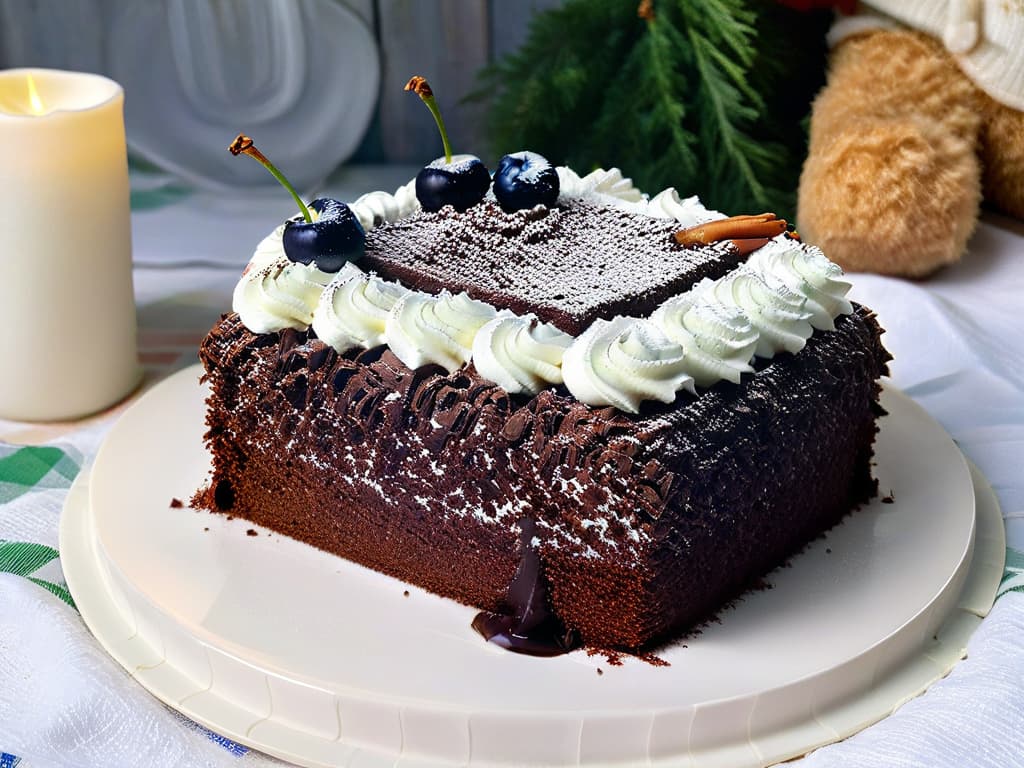  An ultradetailed photorealistic image of a pristine slice of Black Forest cake on a delicate porcelain plate, showcasing layers of rich chocolate sponge, velvety whipped cream, dark cherries, and shavings of dark chocolate on top. The cake is set against a background of lush green pine trees typical of the Black Forest region, with sunlight filtering through the branches and casting dappled shadows on the dessert, creating a visually stunning contrast of textures and colors. hyperrealistic, full body, detailed clothing, highly detailed, cinematic lighting, stunningly beautiful, intricate, sharp focus, f/1. 8, 85mm, (centered image composition), (professionally color graded), ((bright soft diffused light)), volumetric fog, trending on instagram, trending on tumblr, HDR 4K, 8K