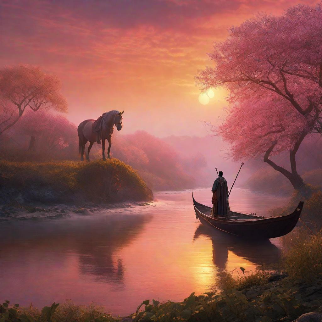  Prompt: The scene unfolds at dawn near the famous Han River, paths of the brave explorers wind its way along its banks. In this particular scene, the Resurrected Prince from the forgotten legends stands majestically at the edge of the river. His face is filled with determination and hope as he is about to embark on a journey to reclaim his lost dreams. He is surrounded by his tribe and the night fairies who have come to bid him farewell on his quest. Shadows of hastily fading night fill the sky with a tender hint of pink and warm shades of orange, signaling the beginning of a new day and a new journey. The river sparkles as the early rays of the sun dances on its surface, reflecting the images of stars that were used to describe adornments hyperrealistic, full body, detailed clothing, highly detailed, cinematic lighting, stunningly beautiful, intricate, sharp focus, f/1. 8, 85mm, (centered image composition), (professionally color graded), ((bright soft diffused light)), volumetric fog, trending on instagram, trending on tumblr, HDR 4K, 8K