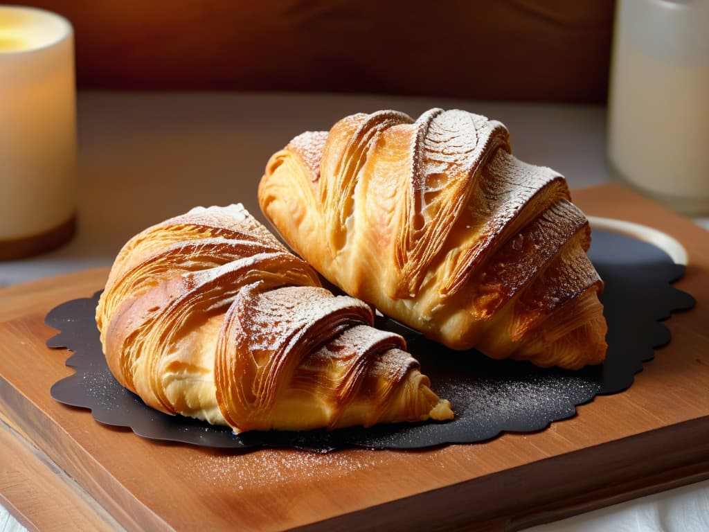  A closeup, ultradetailed image of a delicate, perfectly goldenbrown croissant with flaky layers, resting on a rustic wooden table. The croissant glistens with a light brush of honey, highlighting its texture and craftsmanship. Each layer is meticulously crafted, showcasing the expertise and precision required in traditional pastry making. The background is softly blurred, emphasizing the simplicity and elegance of the minimalistic composition. hyperrealistic, full body, detailed clothing, highly detailed, cinematic lighting, stunningly beautiful, intricate, sharp focus, f/1. 8, 85mm, (centered image composition), (professionally color graded), ((bright soft diffused light)), volumetric fog, trending on instagram, trending on tumblr, HDR 4K, 8K