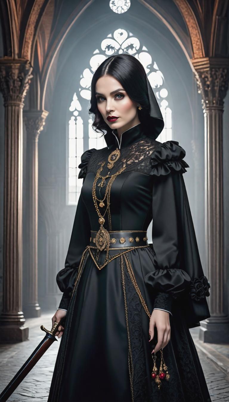  gothic style depiction of Gothic G . dark, mysterious, haunting, dramatic, ornate, detailed, hyperrealistic, full body, detailed clothing, highly detailed, cinematic lighting, stunningly beautiful, intricate, sharp focus, f/1. 8, 85mm, (centered image composition), (professionally color graded), ((bright soft diffused light)), volumetric fog, trending on instagram, trending on tumblr, HDR 4K, 8K