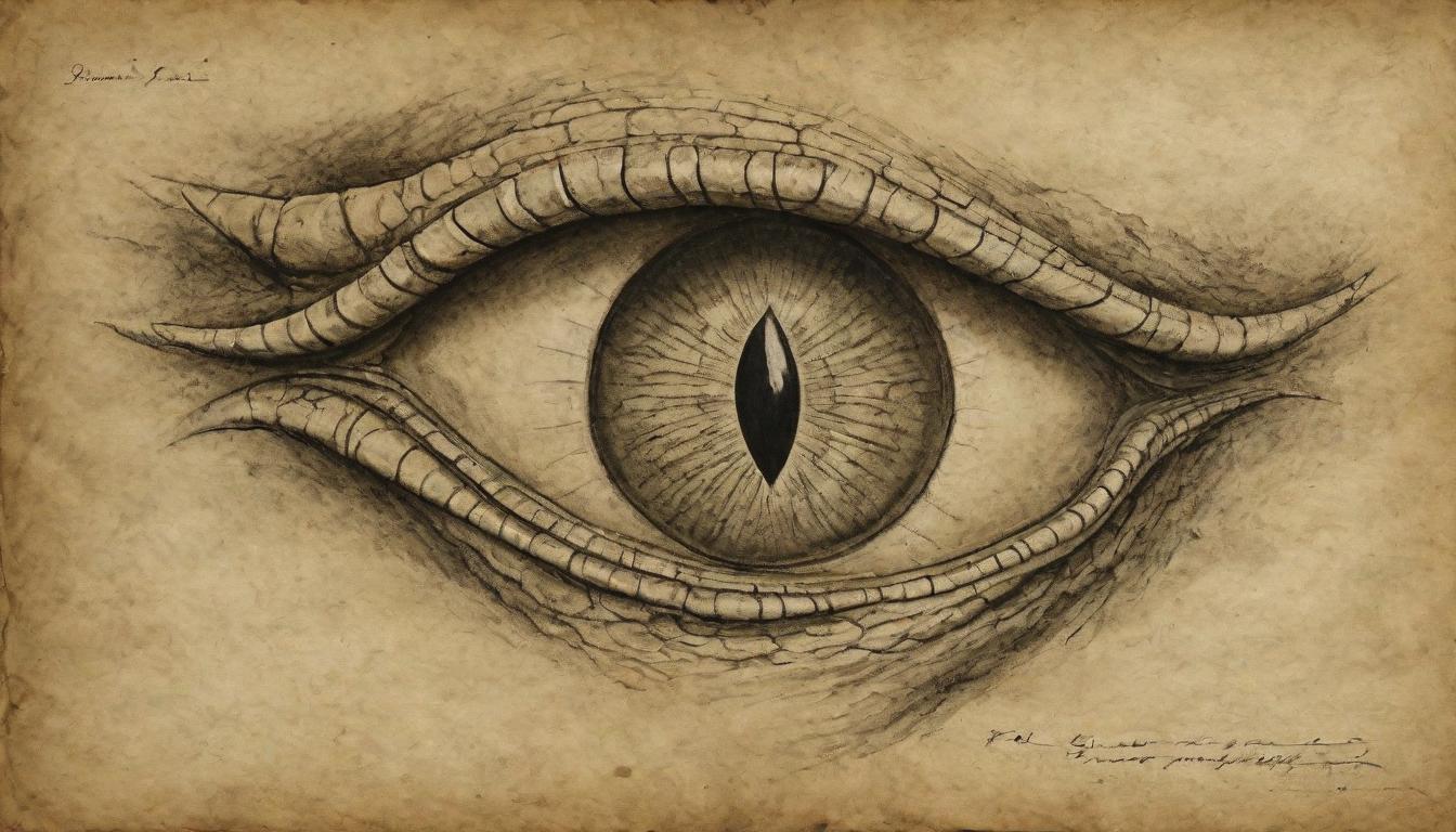  on parchment, surrealism++, Close up of reptilian eyes, intense focus, sharp slit pupils, hint of scales around the eyes, otherworldly, intimidating(mysterious, provocative, symbolic)++