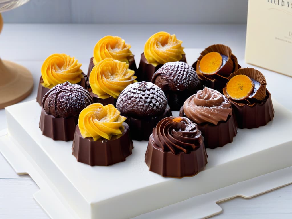  A sleek, minimalistic image showcasing a closeup of a highend silicone baking mold filled with intricately designed chocolate truffles, highlighting the flexibility and detail retention of the premium material. The truffles glisten under soft lighting, emphasizing the smooth texture and professional finish of the mold's creations. The background is blurred to keep the focus on the elegant details of the mold and the delectable treats it produces, evoking a sense of sophistication and precision in pastry craftsmanship. hyperrealistic, full body, detailed clothing, highly detailed, cinematic lighting, stunningly beautiful, intricate, sharp focus, f/1. 8, 85mm, (centered image composition), (professionally color graded), ((bright soft diffused light)), volumetric fog, trending on instagram, trending on tumblr, HDR 4K, 8K