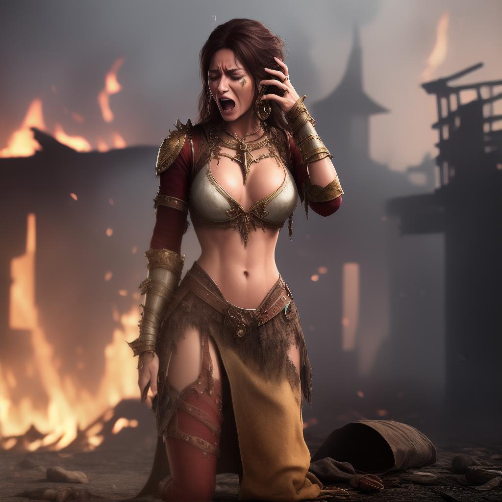  ear palm, one Latina woman, ear palm, young, tiny, small, screaming, crying, ear palm, flat chest, young, on knees in front of burning building, fantasy medieval setting, one woman, flat chest, young, screaming, crying, ear palm, tattered clothing, revealing cloth clothing, one woman, flat chest, young, ripped ragged clothes, screaming, crying, ear palm,  ultra realistic,  highly detailed, 4K, 8K, HD, hyperrealistic, full body, detailed clothing, highly detailed, cinematic lighting, stunningly beautiful, intricate, sharp focus, f/1. 8, 85mm, (centered image composition), (professionally color graded), ((bright soft diffused light)), volumetric fog, trending on instagram, trending on tumblr, HDR 4K, 8K