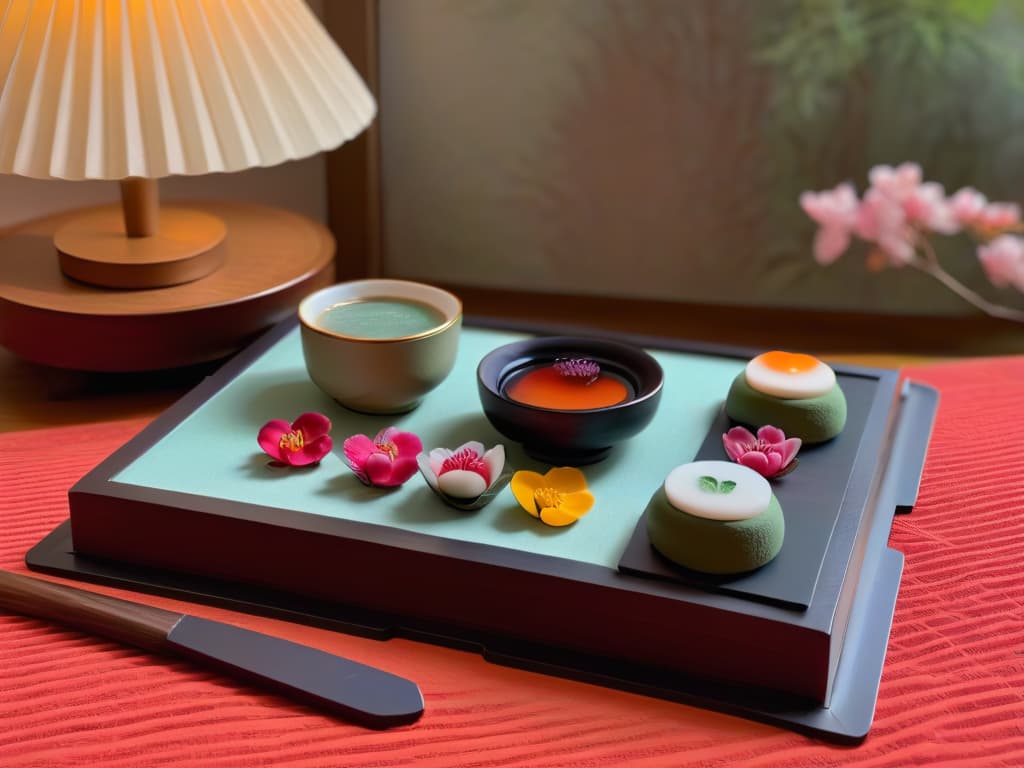  A highly detailed image of a traditional Japanese tea ceremony featuring a beautifully arranged display of colorful mochi sweets, delicate teacups, and a serene backdrop of a Japanese garden with cherry blossom trees in full bloom. The focus is on the intricate details of the mochi's smooth texture, vibrant colors, and the elegant presentation that captures the essence of cultural significance and artistic craftsmanship. hyperrealistic, full body, detailed clothing, highly detailed, cinematic lighting, stunningly beautiful, intricate, sharp focus, f/1. 8, 85mm, (centered image composition), (professionally color graded), ((bright soft diffused light)), volumetric fog, trending on instagram, trending on tumblr, HDR 4K, 8K