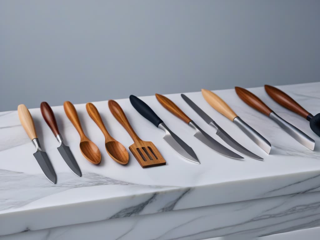  An 8k ultradetailed image of various highquality and sleek pastry spatulas neatly arranged on a marble countertop, showcasing their different shapes, sizes, and materials. The spatulas reflect a modern and professional aesthetic, emphasizing their versatility and precision for advanced baking techniques. Each spatula is strategically positioned to highlight its unique features, such as offset angles, flexible blades, and ergonomic handles, with soft natural lighting enhancing the textures and craftsmanship of the tools. hyperrealistic, full body, detailed clothing, highly detailed, cinematic lighting, stunningly beautiful, intricate, sharp focus, f/1. 8, 85mm, (centered image composition), (professionally color graded), ((bright soft diffused light)), volumetric fog, trending on instagram, trending on tumblr, HDR 4K, 8K