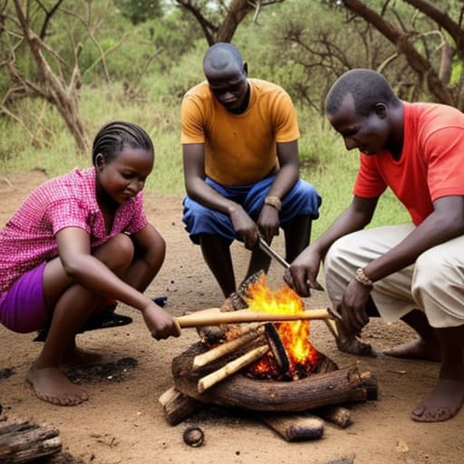  African family cooking food on fire wood