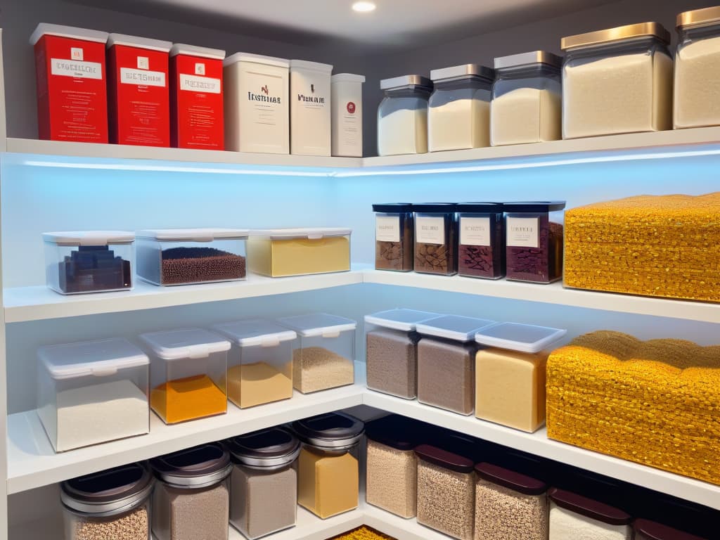  A closeup, ultradetailed image of a sleek, modern kitchen pantry with perfectly organized shelves filled with neatly labeled containers of various baking ingredients like flour, sugar, chocolate chips, and colorful sprinkles. The labels are elegantly designed with stylish typography, and the overall aesthetic is minimalist yet visually striking, showcasing the beauty of organized storage in a professional and inspiring manner. hyperrealistic, full body, detailed clothing, highly detailed, cinematic lighting, stunningly beautiful, intricate, sharp focus, f/1. 8, 85mm, (centered image composition), (professionally color graded), ((bright soft diffused light)), volumetric fog, trending on instagram, trending on tumblr, HDR 4K, 8K