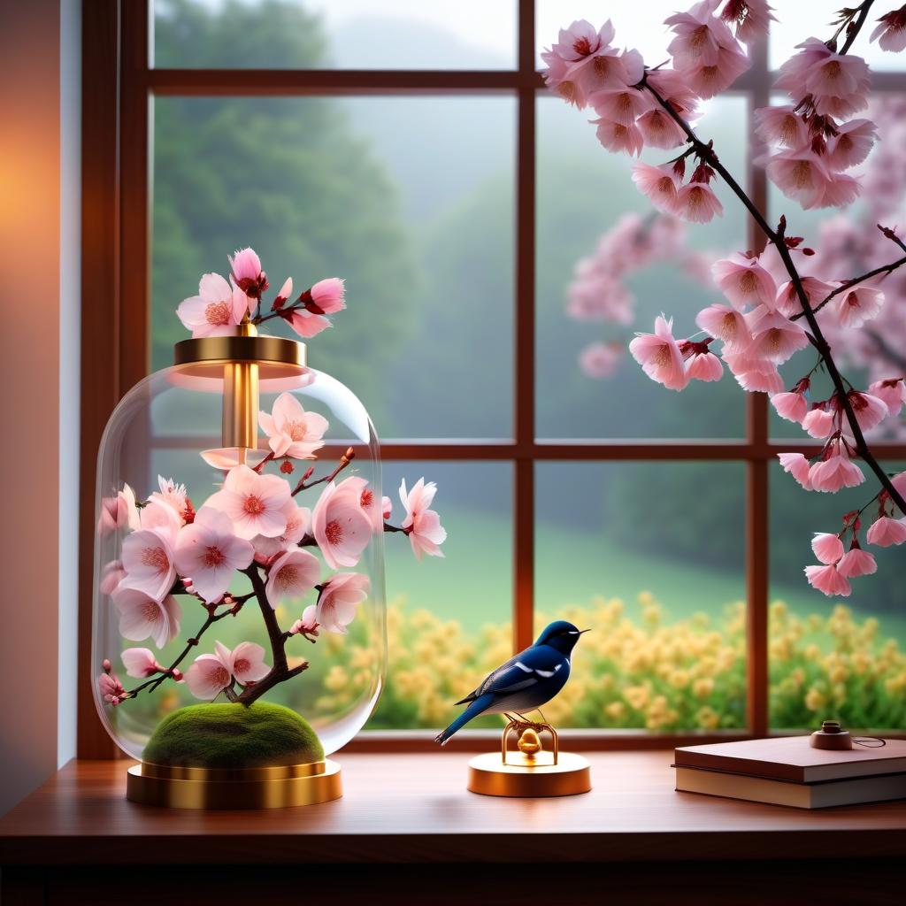  ethereal fantasy concept art of (Background):summer evening. (Interior) Window with pink curtains. Table on the table is a table lamp with a lampshade. (Table lamp design):The leg of the table lamp is made in the shape of a sakura trunk. There are small birds sitting on the branches. The lamp shade is gold coloured Empire style with white and pink cherry blossoms and flying petals embroidered on it. . magnificent, celestial, ethereal, painterly, epic, majestic, magical, fantasy art, cover art, dreamy hyperrealistic, full body, detailed clothing, highly detailed, cinematic lighting, stunningly beautiful, intricate, sharp focus, f/1. 8, 85mm, (centered image composition), (professionally color graded), ((bright soft diffused light)), volumetric fog, trending on instagram, trending on tumblr, HDR 4K, 8K