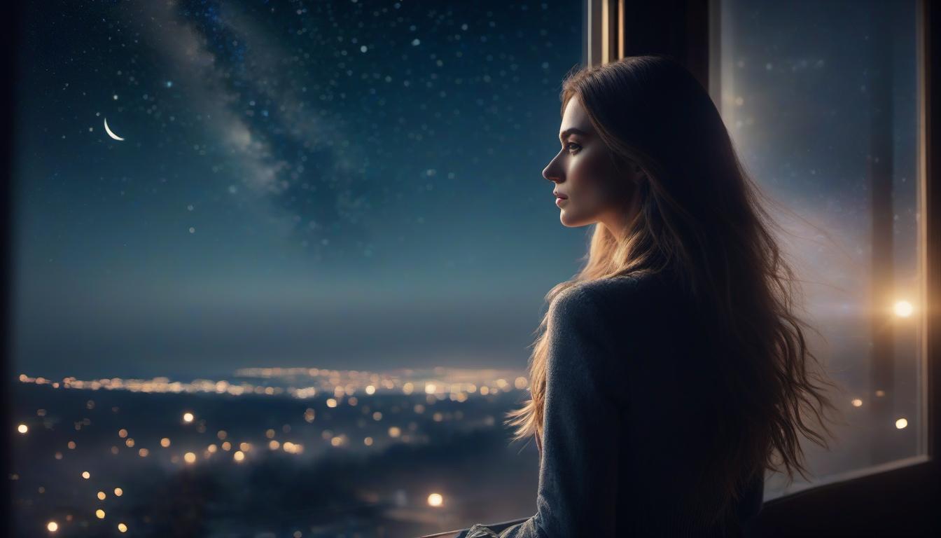  A long haired girl is looking out the window at the night sky. hyperrealistic, full body, detailed clothing, highly detailed, cinematic lighting, stunningly beautiful, intricate, sharp focus, f/1. 8, 85mm, (centered image composition), (professionally color graded), ((bright soft diffused light)), volumetric fog, trending on instagram, trending on tumblr, HDR 4K, 8K