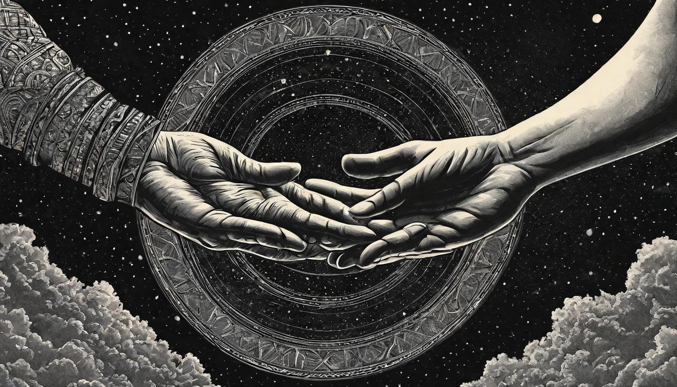  （surrealism)+++Hands reaching out towards each other across a cosmic backdrop, the oneness of the universe palpable, energy flowing between, unity, real as breath, cosmic connection looking at viewer,(intricate details, masterpiece, best quality)++