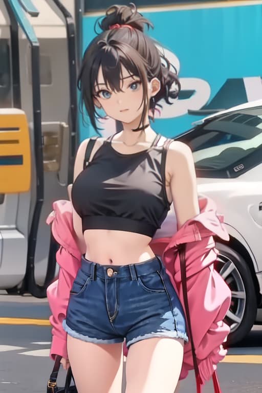   anime , ided hair, cute, large s and , perfect , skinny waist, tight crop top, short shorts, ty outfit