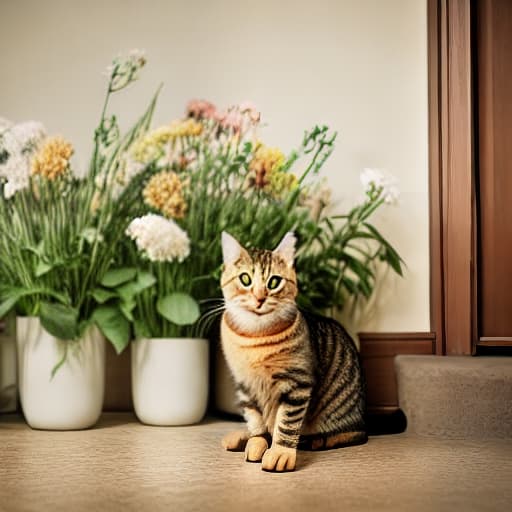  cute tabby cat surrounded by flower vases