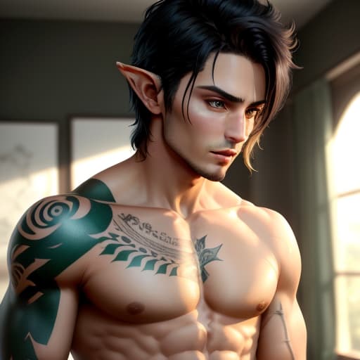  shirtless male, half-elf, short black hair, green eyes, tattoos, thin toned build, ranger, hyperrealistic, high quality, highly detailed, perfect lighting, intricate, sharp focus, f/1. 8, 85mm, (centered image composition), (professionally color graded), ((bright soft diffused light)), trending on instagram, HDR 4K, 8K