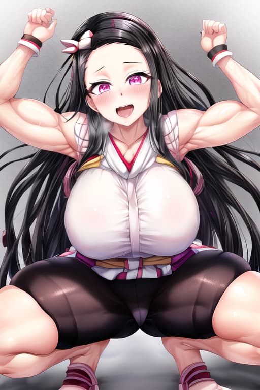  very big,big,female,muscle,,squatting,perky,showing,exited,open mouth,(nezuko kamado:1.3), waifu, masterpiece, highly detailed, woman, demon, pink eyes