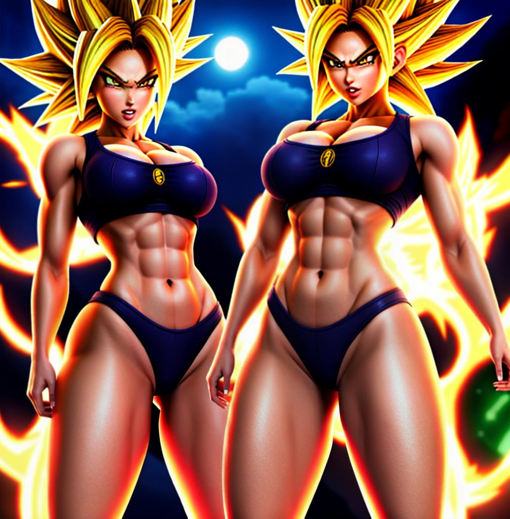  ((foto de cuerpo completo, pie plano, cuerpo recto)), ((laura {Super Super Saiyan mujer con grandes pechos})), ((lleva puesto son goku+Los disfraces de ella son extremadamente ajustados a su cuerpo.))