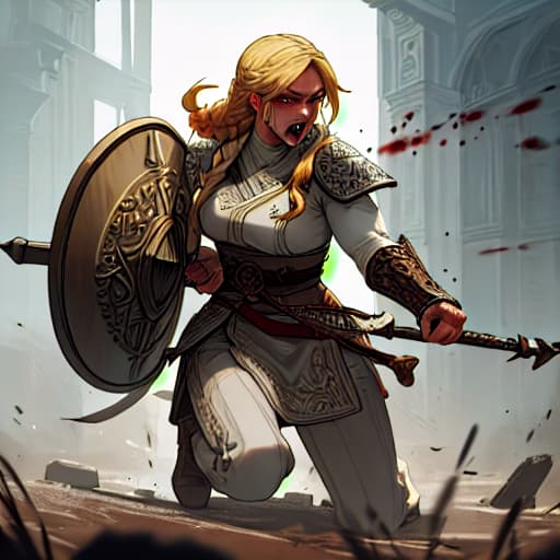  ((best quality)), ((work of art)), (detailed), perfect face, A blonde, muscular Viking woman with braided hair, she holds a Scandinavian shield in her right hand and a spear in her left hand, she screams in rage and fury, her face full of blood. hyperrealistic, full body, detailed clothing, highly detailed, cinematic lighting, stunningly beautiful, intricate, sharp focus, f/1. 8, 85mm, (centered image composition), (professionally color graded), ((bright soft diffused light)), volumetric fog, trending on instagram, trending on tumblr, HDR 4K, 8K