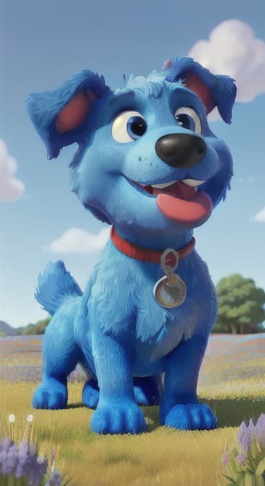  {A happy, big blue dog wagging its tail in a colorful meadow, The big blue dog is large with sky blue fur, big round eyes, a black nose, and floppy ears.