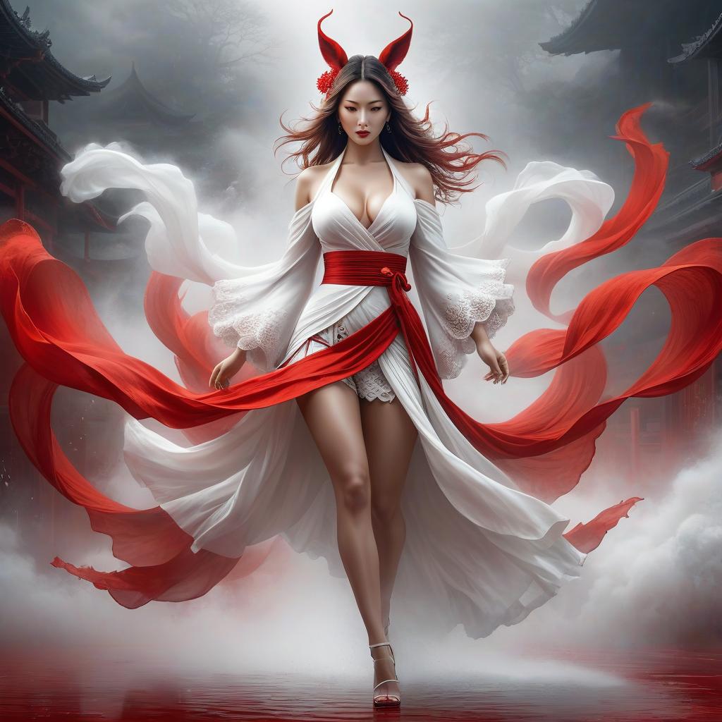  Beautiful woman, red and white mood, mist, mystical, extremely detailed, detailed background, realistic, art by Ryohei Hase hyperrealistic, full body, detailed clothing, highly detailed, cinematic lighting, stunningly beautiful, intricate, sharp focus, f/1. 8, 85mm, (centered image composition), (professionally color graded), ((bright soft diffused light)), volumetric fog, trending on instagram, trending on tumblr, HDR 4K, 8K