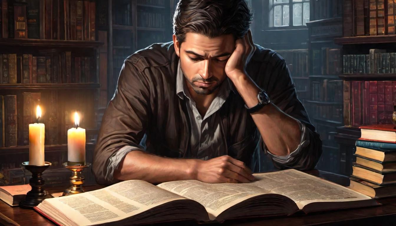  digital illustration, Male figure in deep contemplation, furrowed brow, sitting at a desk, surrounding books, candle illuminating, questioning expression, atmosphere of confusion, seeking understanding, looking at viewer, dynamic pose, (intricate details, masterpiece, best quality)