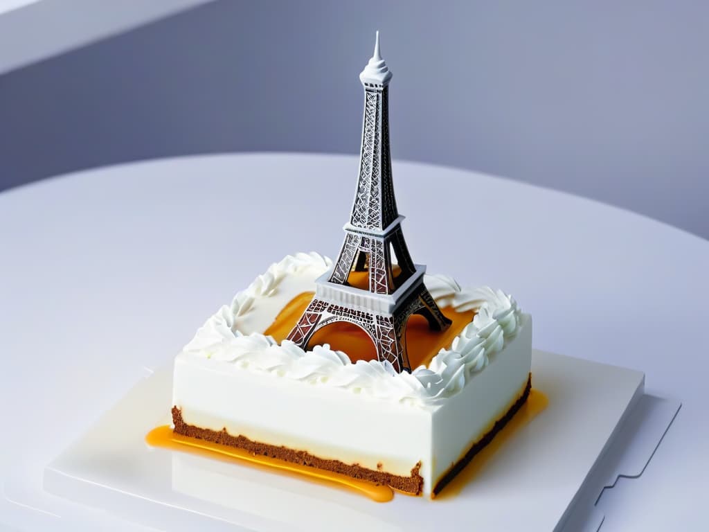  An ultradetailed 8K image of a sleek, white 3D printer in action, meticulously crafting a miniature, intricately designed Eiffel Tower dessert. The printer's nozzle moves with precision, layering edible materials to bring the delicate dessert sculpture to life. The background is blurred, emphasizing the futuristic and professional look of the 3D printing process, perfectly capturing the essence of homemade 3D desserts in a minimalistic style. hyperrealistic, full body, detailed clothing, highly detailed, cinematic lighting, stunningly beautiful, intricate, sharp focus, f/1. 8, 85mm, (centered image composition), (professionally color graded), ((bright soft diffused light)), volumetric fog, trending on instagram, trending on tumblr, HDR 4K, 8K