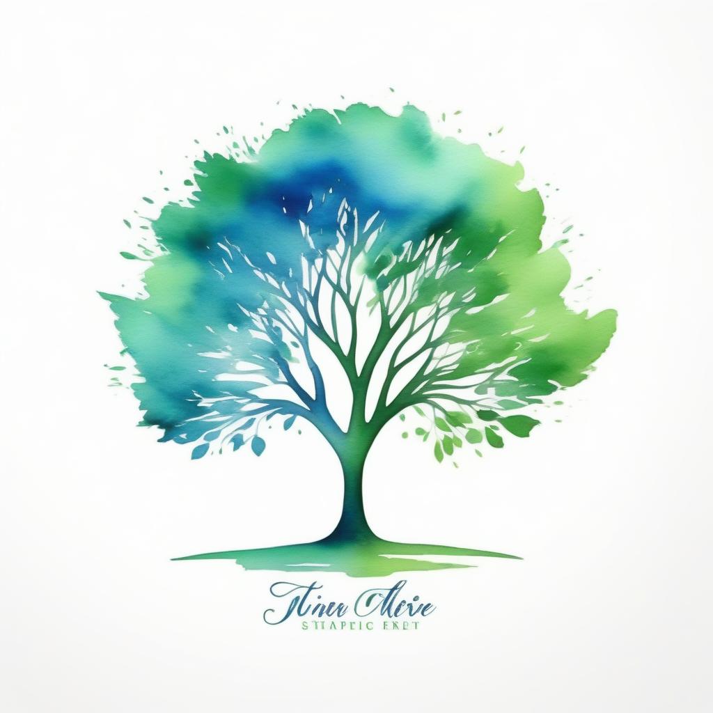  watercolor style, logo of a tree, green and blue