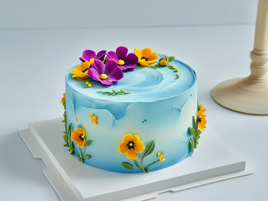  A closeup, ultradetailed image of a delicate, intricately designed glutenfree cake adorned with vibrant edible flowers and meticulously piped frosting, set against a clean, minimalistic backdrop to emphasize the artistry and precision of allergenfriendly baking. hyperrealistic, full body, detailed clothing, highly detailed, cinematic lighting, stunningly beautiful, intricate, sharp focus, f/1. 8, 85mm, (centered image composition), (professionally color graded), ((bright soft diffused light)), volumetric fog, trending on instagram, trending on tumblr, HDR 4K, 8K