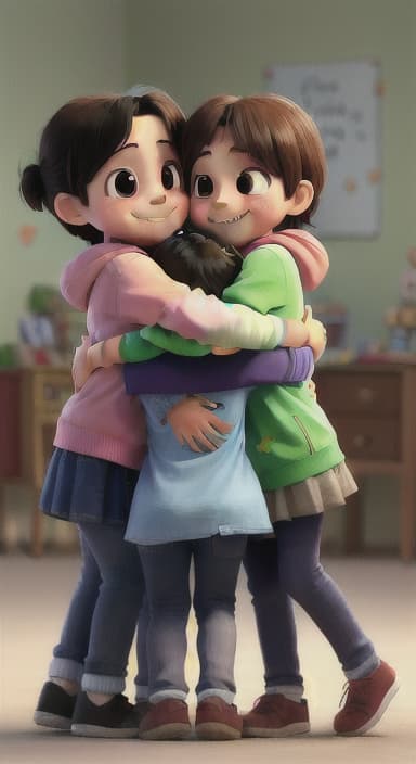  {Children coming together for a hug, wrapped in each other's arms., The same happy children, showing unity and friendship as they hug each other.