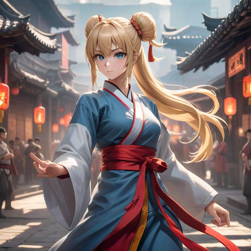  anime artwork full size art, a young martial arts master, with blond hair, a hairstyle with two buns, in Chinese martial arts clothing, in a fighting stance, 2d, anime, extremely hyper detailed clothing, (extremely hyper detailed face), (masterpiece:1.4), (perfect eyes:1.1), (deep eyes), tail body, medieval fantasy . anime style, key visual, vint, studio anime, highly detailed hyperrealistic, full body, detailed clothing, highly detailed, cinematic lighting, stunningly beautiful, intricate, sharp focus, f/1. 8, 85mm, (centered image composition), (professionally color graded), ((bright soft diffused light)), volumetric fog, trending on instagram, trending on tumblr, HDR 4K, 8K