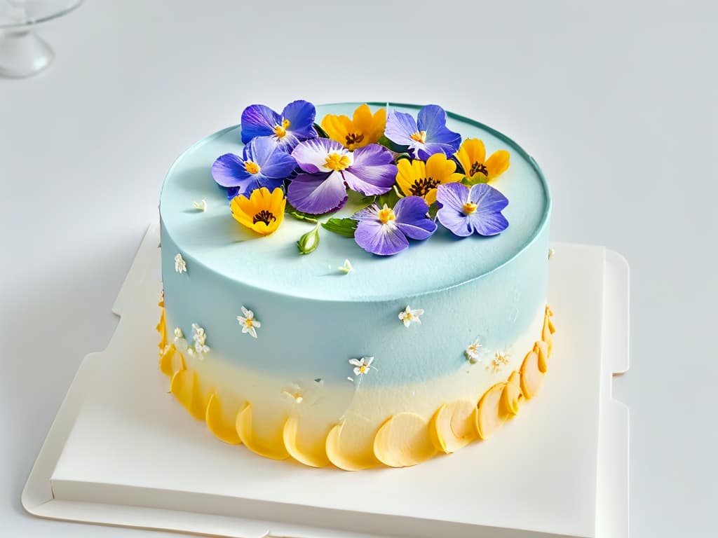  An ultradetailed closeup image of a perfectly symmetrical vegan minimalist cake decorated with delicate edible flowers in soft pastel colors, set against a clean white background to emphasize the simplicity and elegance of the design. hyperrealistic, full body, detailed clothing, highly detailed, cinematic lighting, stunningly beautiful, intricate, sharp focus, f/1. 8, 85mm, (centered image composition), (professionally color graded), ((bright soft diffused light)), volumetric fog, trending on instagram, trending on tumblr, HDR 4K, 8K