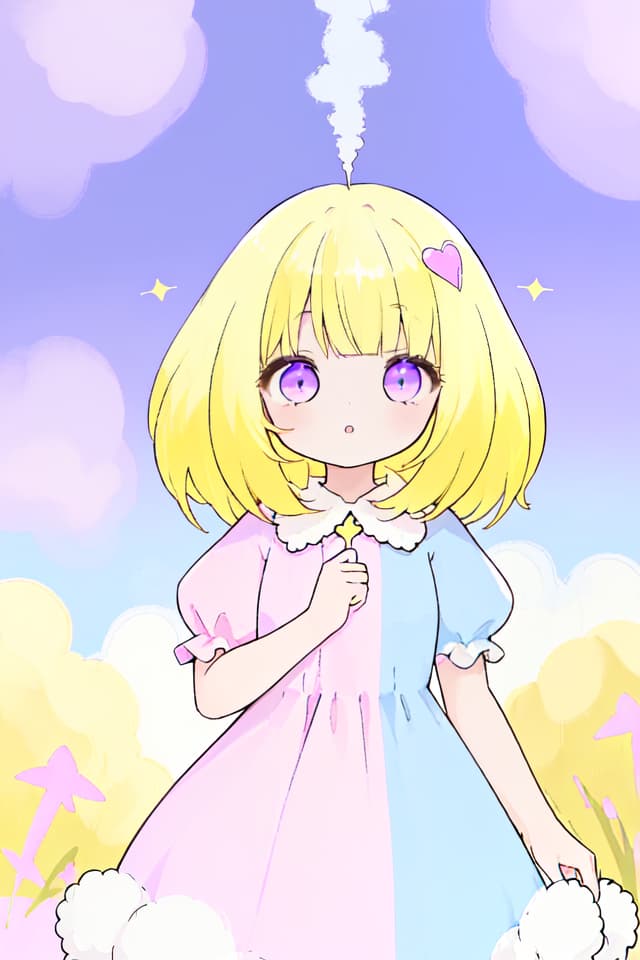  Girls, straight and fluffy hair, yellow hair, pink and purple odd eye, light blue fluffy dress, positive, bright, cute