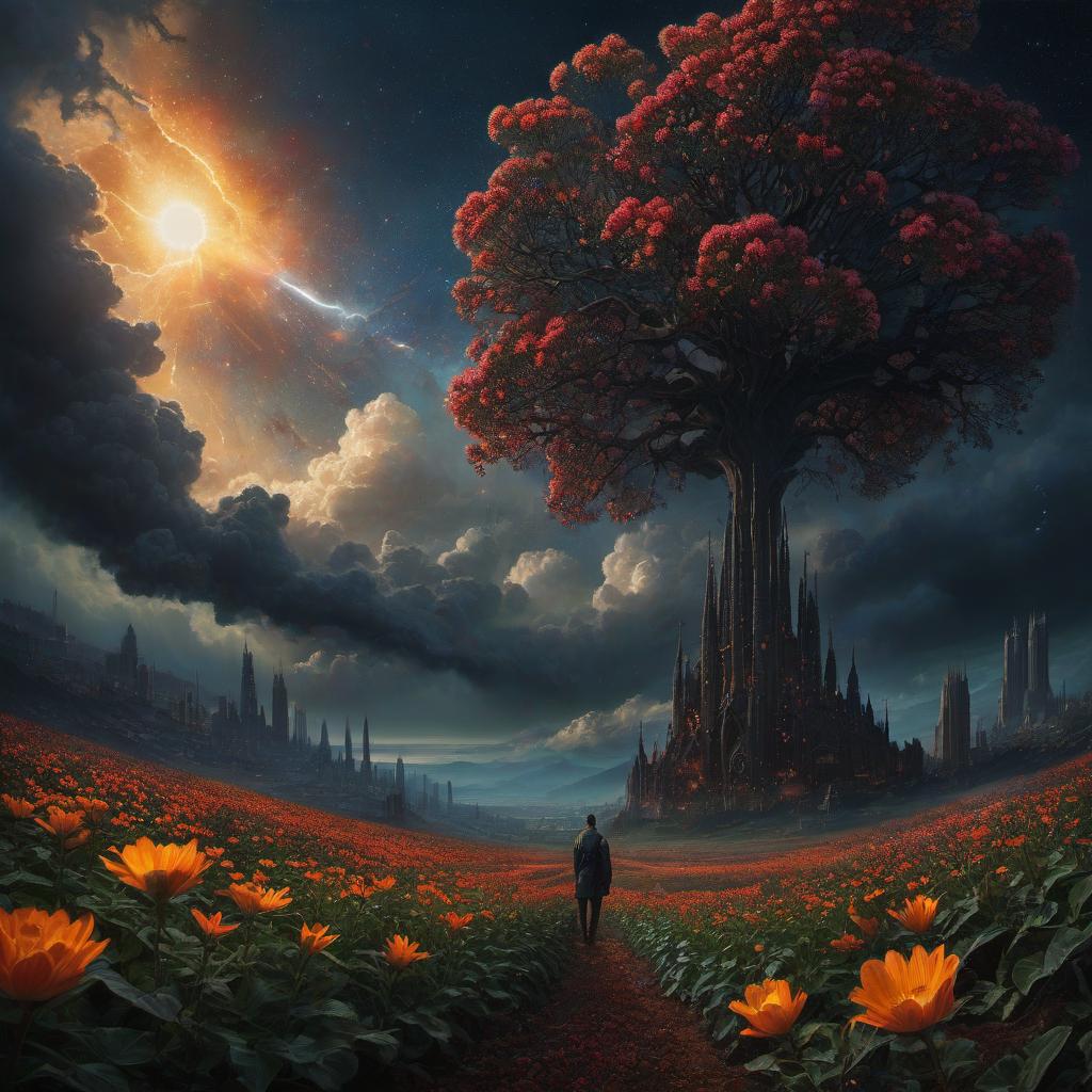  (stylized by Tomasz Alen Kopera:1.3) , dark art, dense flower field and Perseid meteor in background, landscape of a (Barcelona:1.2) , very Bizarre and 1600'S, Hurricane, Glitchcore, Amaro, layered textures, ornate, intricate artistic color, complimentary colors, very inspirational, atmosphere, fine artistic composition, sunny, theatrical hyperrealistic, full body, detailed clothing, highly detailed, cinematic lighting, stunningly beautiful, intricate, sharp focus, f/1. 8, 85mm, (centered image composition), (professionally color graded), ((bright soft diffused light)), volumetric fog, trending on instagram, trending on tumblr, HDR 4K, 8K