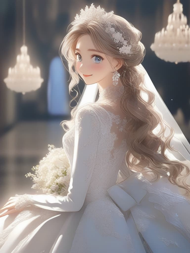  Masterpiece,one delicate lady,((flaxen hair color)),delicate hair color,shiny hair,(delicate blue eye color),smiling,(((Wedding dress: lots of lace,ruffles,tiny white flowers,sparkling jewelry))),whiterose,super high quality,super analysis,8K, masterpiece, best quality,8k,ultra detailed,high resolution,an extremely delicate and beautiful,hyper detail