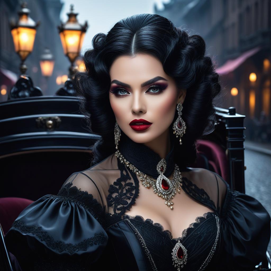  Fashion editorial style (masterpiece, official art, rich background: 1.2), black background, Сity of debauchery. A vampire stands near the carriage. Black wavy hair. The lips are brightly painted, sharp fangs are visible. Bright full makeup, , gorgeous, masterpiece, sharp focus, depth of field, unreal engine, perfect composition, digital art on pixiv, artstation, 8k, HDR . High fashion, trendy, stylish, editorial, magazine style, professional, highly detailed hyperrealistic, full body, detailed clothing, highly detailed, cinematic lighting, stunningly beautiful, intricate, sharp focus, f/1. 8, 85mm, (centered image composition), (professionally color graded), ((bright soft diffused light)), volumetric fog, trending on instagram, trending on tumblr, HDR 4K, 8K