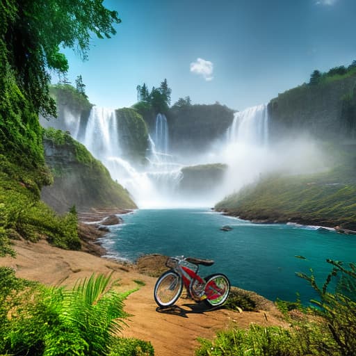 mdjrny-v4 style a dog with a bicycle at a waterfall hyperrealistic, full body, detailed clothing, highly detailed, cinematic lighting, stunningly beautiful, intricate, sharp focus, f/1. 8, 85mm, (centered image composition), (professionally color graded), ((bright soft diffused light)), volumetric fog, trending on instagram, trending on tumblr, HDR 4K, 8K