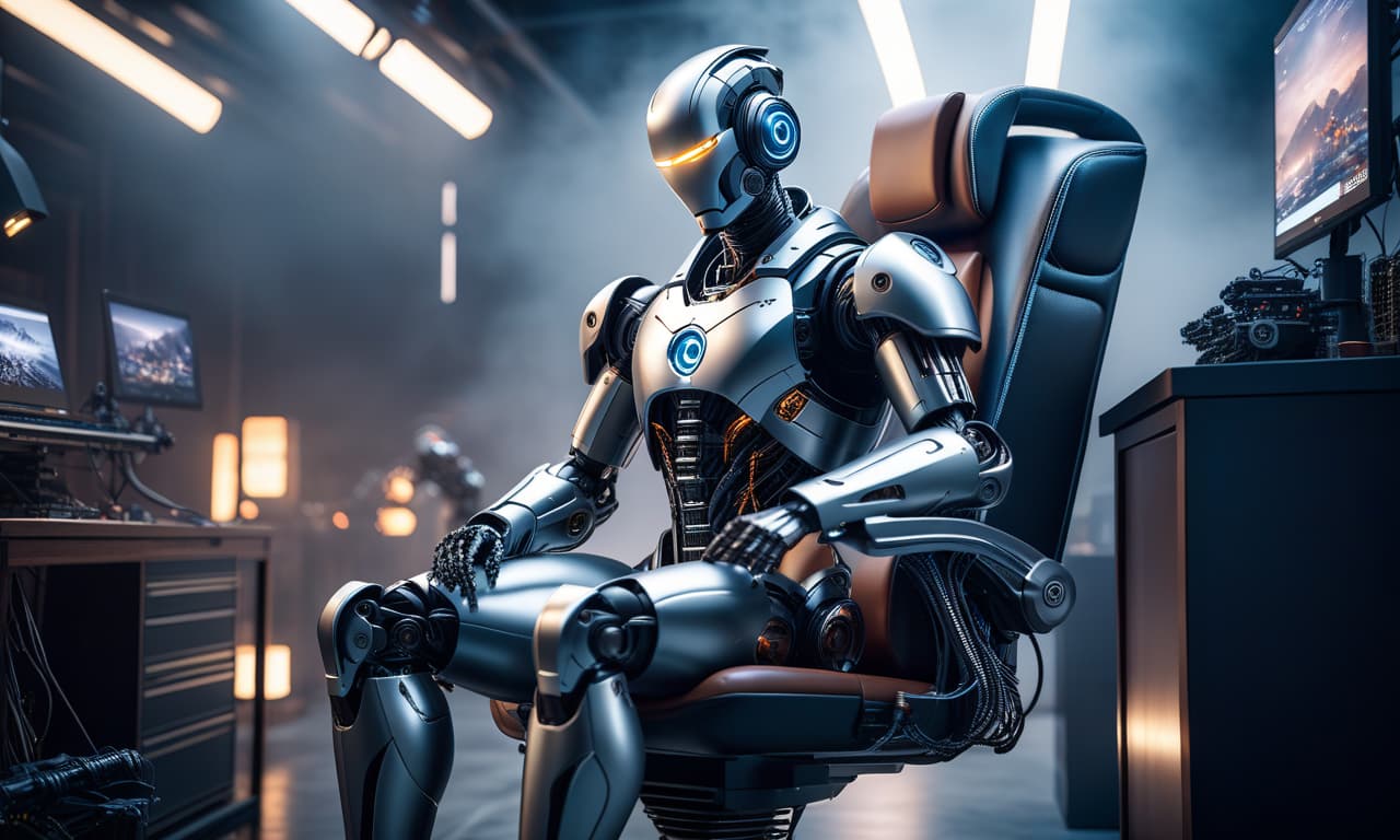  Robots are working. A person is resting in a chair. hyperrealistic, full body, detailed clothing, highly detailed, cinematic lighting, stunningly beautiful, intricate, sharp focus, f/1. 8, 85mm, (centered image composition), (professionally color graded), ((bright soft diffused light)), volumetric fog, trending on instagram, trending on tumblr, HDR 4K, 8K