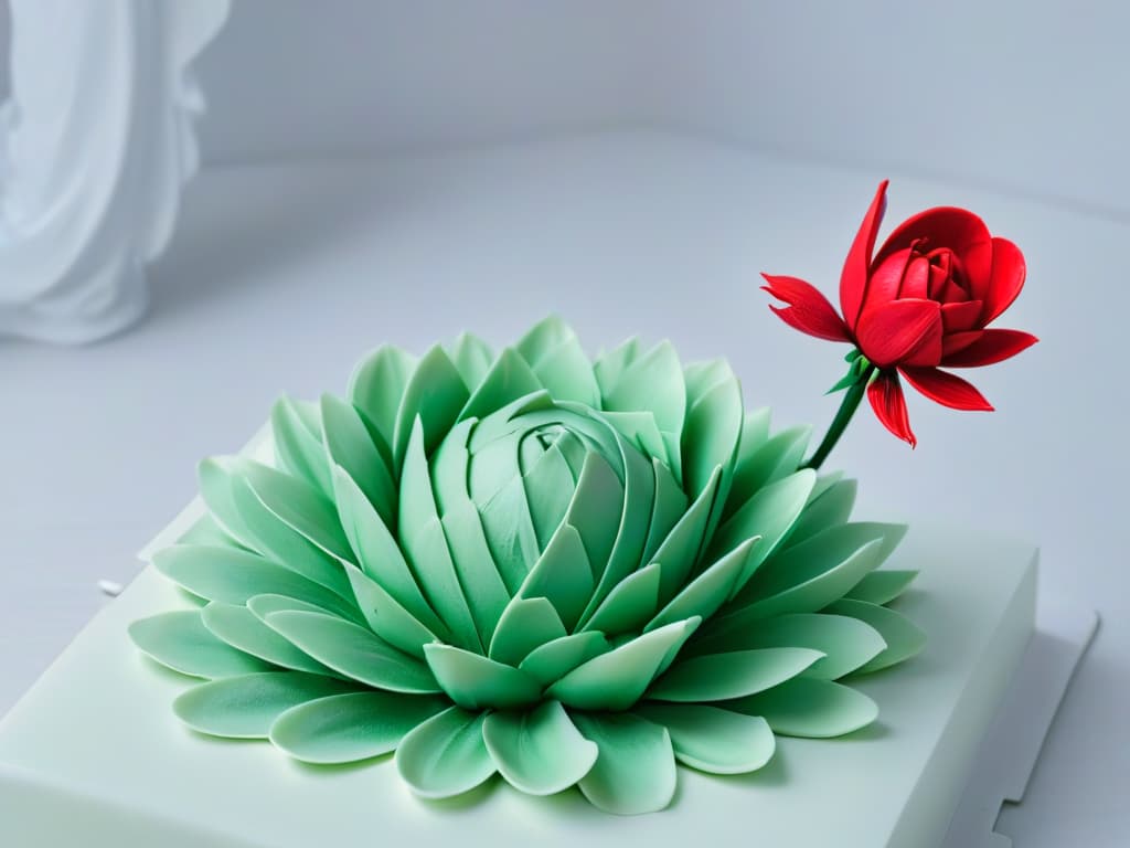  An ultradetailed image of a delicate, intricate sugar flower made with precision and skill, showcasing the artistry and craftsmanship involved in advanced pastry workshops. The flower, set against a clean, white background, features layers of petals with realistic textures and vibrant colors, highlighting the beauty and sophistication of professional pastry art. hyperrealistic, full body, detailed clothing, highly detailed, cinematic lighting, stunningly beautiful, intricate, sharp focus, f/1. 8, 85mm, (centered image composition), (professionally color graded), ((bright soft diffused light)), volumetric fog, trending on instagram, trending on tumblr, HDR 4K, 8K