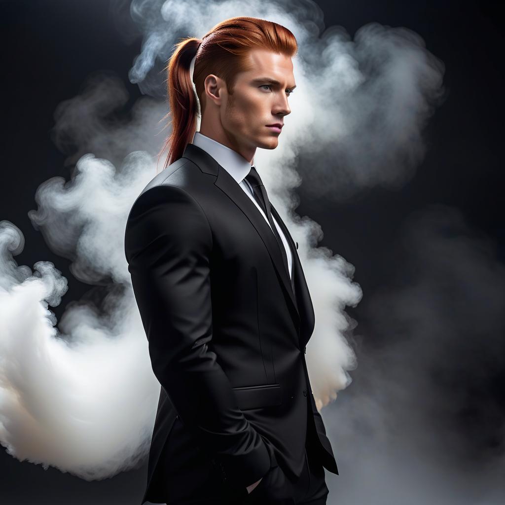  A young man with reddish hair gathered in a ponytail. In a black suit. hyperrealistic, full body, detailed clothing, highly detailed, cinematic lighting, stunningly beautiful, intricate, sharp focus, f/1. 8, 85mm, (centered image composition), (professionally color graded), ((bright soft diffused light)), volumetric fog, trending on instagram, trending on tumblr, HDR 4K, 8K