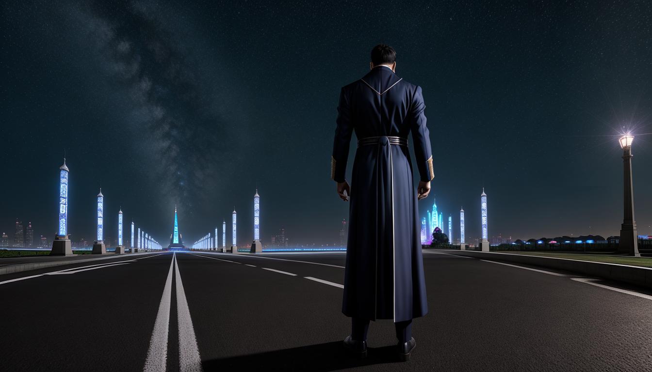  Retro anime aesthetics, retro futuristic A dignified figure cloaked in formal attire, posture erect, symbolizing authority, backdrop of a grand, official looking environment, stately columns, aura of command, respect, reverence, 4k, HDR, lens flare