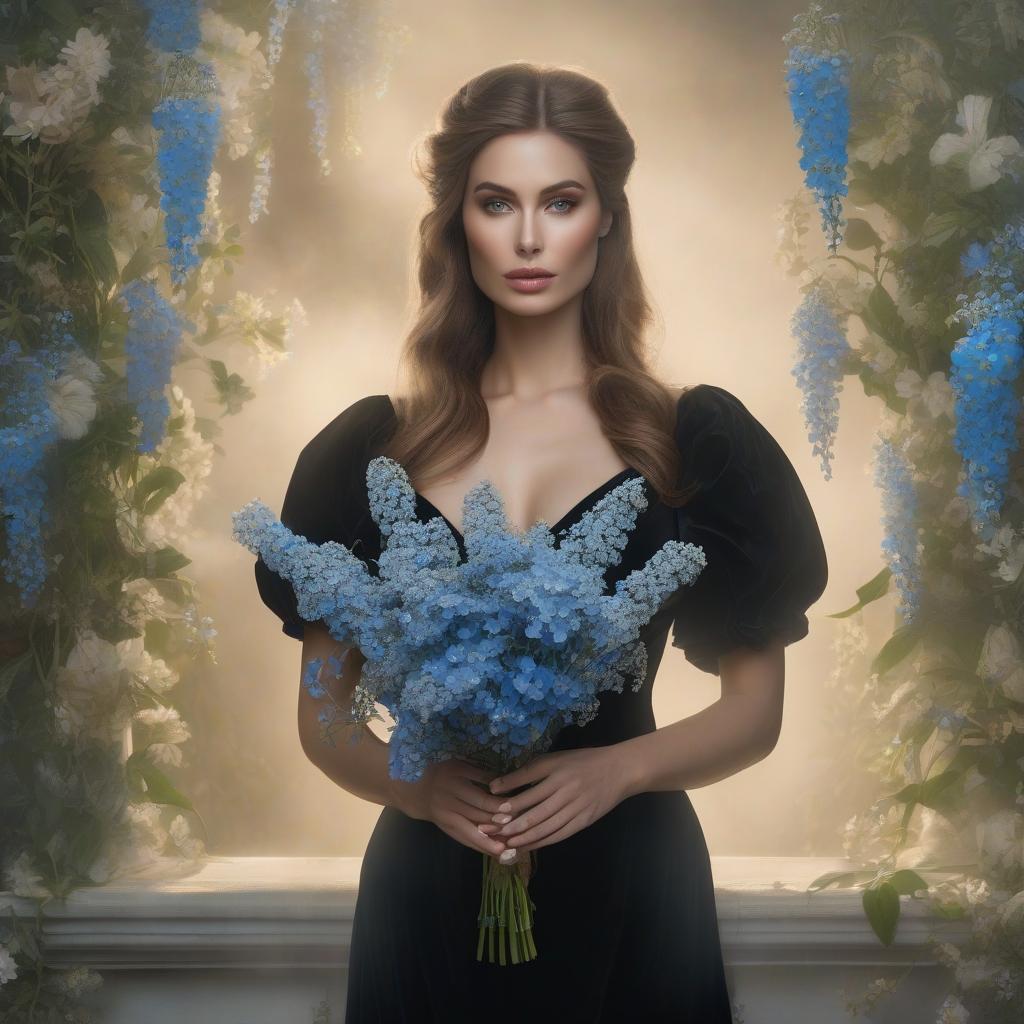  Sad beauty in a black dress with a bouquet of forget me nots in the 2000s. hyperrealistic, full body, detailed clothing, highly detailed, cinematic lighting, stunningly beautiful, intricate, sharp focus, f/1. 8, 85mm, (centered image composition), (professionally color graded), ((bright soft diffused light)), volumetric fog, trending on instagram, trending on tumblr, HDR 4K, 8K