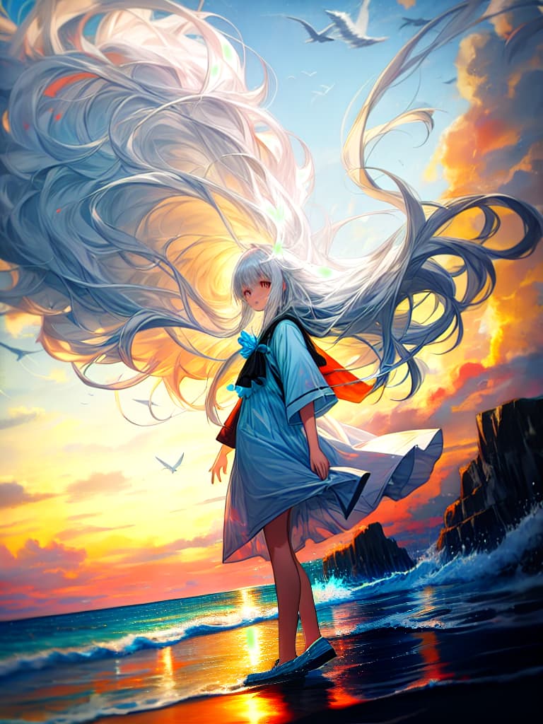  little girl,best quality,very long hair,female,sunset,in the ocean, white hair,bangs pinned back,messy hair,white dress,professional,from below,Masterpiece, best quality, a girl with long white hair, standing by the beach, wearing a white dress, white eyes, opening her hands, her hair blown up by the wind, and seagulls flying in the sky hyperrealistic, full body, detailed clothing, highly detailed, cinematic lighting, stunningly beautiful, intricate, sharp focus, f/1. 8, 85mm, (centered image composition), (professionally color graded), ((bright soft diffused light)), volumetric fog, trending on instagram, trending on tumblr, HDR 4K, 8K