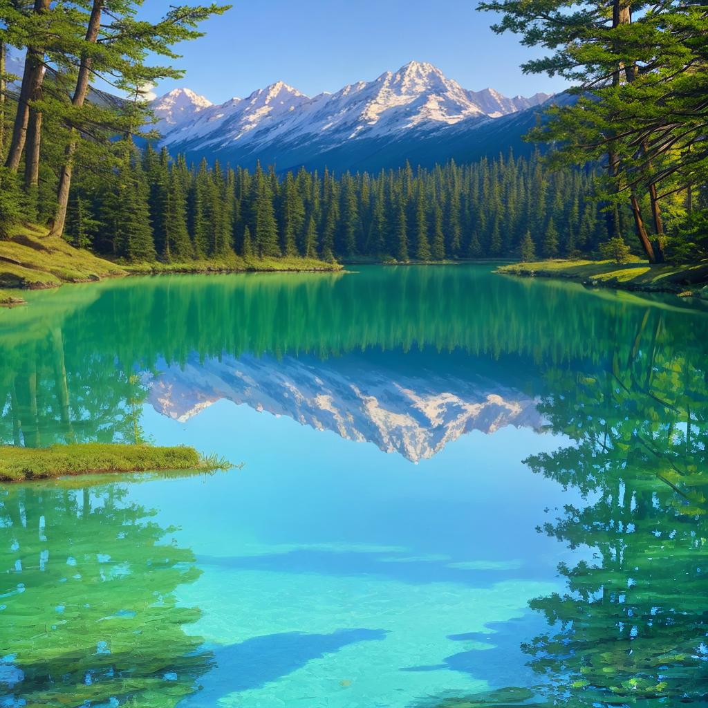  as a painting, Convey the serene majesty of towering mountains reflected in the crystal-clear waters of a tranquil alpine lake, using your unique artistic vision to evoke a sense of awe and tranquility.