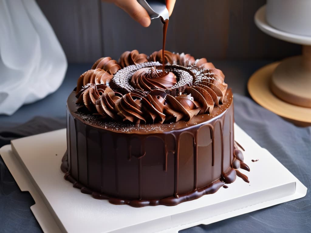  A closeup, ultradetailed image of a rich, creamy vegan chocolate ganache being poured over a decadent vegan chocolate cake. The ganache is thick and glossy, with a deep dark color, and it cascades smoothly over the cake, creating a mesmerizing swirl pattern. The cake is perfectly textured, moist, and velvety, with crumbs scattered around the base. The lighting is soft and warm, highlighting the sheen of the ganache and the richness of the cake. hyperrealistic, full body, detailed clothing, highly detailed, cinematic lighting, stunningly beautiful, intricate, sharp focus, f/1. 8, 85mm, (centered image composition), (professionally color graded), ((bright soft diffused light)), volumetric fog, trending on instagram, trending on tumblr, HDR 4K, 8K