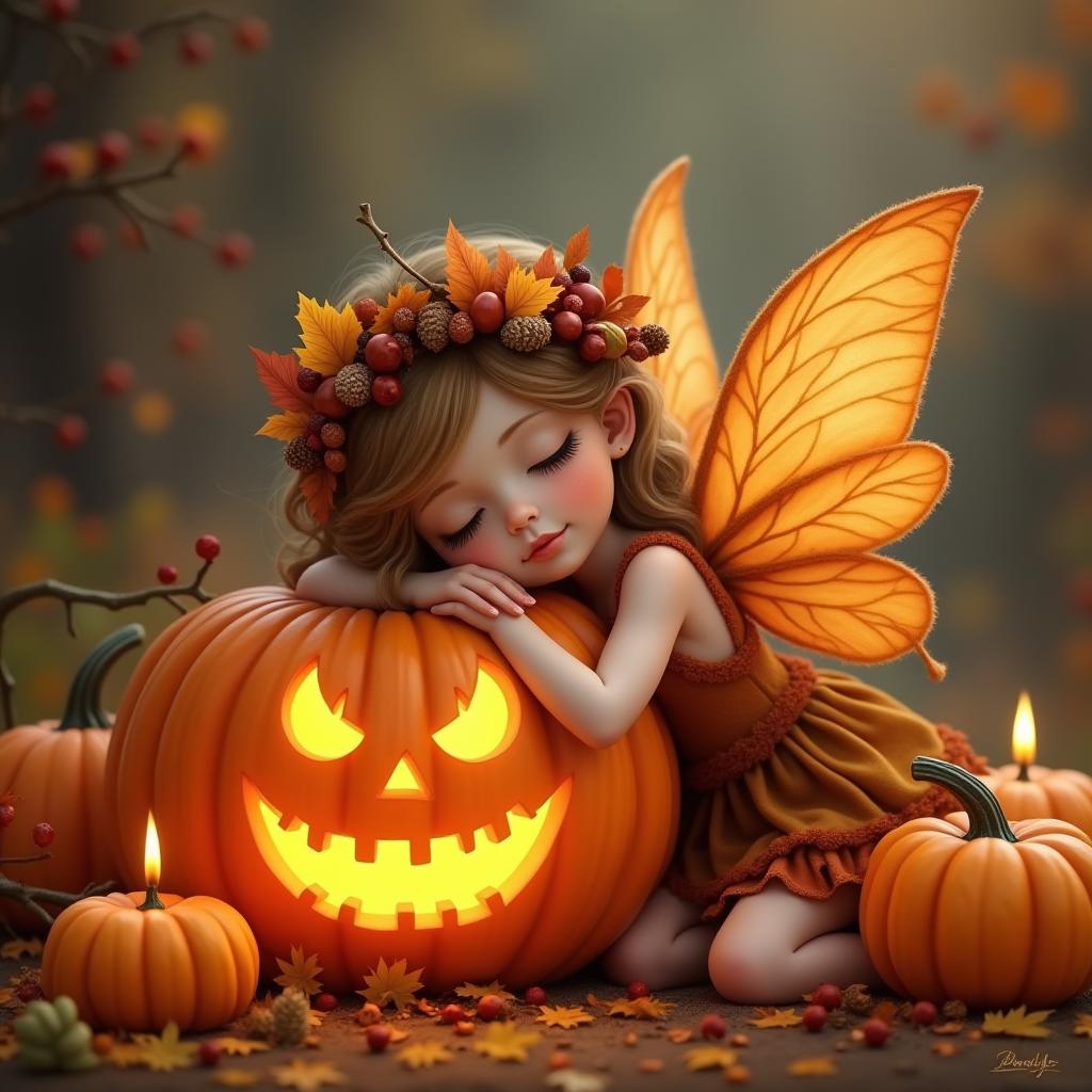  good quality, high quality, an adorable, fairy like character peacefully sleeping while leaning on a glowing, carved pumpkin. the fairy has delicate wings with an autumnal design, featuring orange and earthy tones. her attire and hair are adorned with autumn leaves, acorns, and berries, reinforcing the fall theme. the surrounding setting includes more pumpkins, candles, and other autumn elements like fallen leaves, all contributing to a cozy, seasonal atmosphere. the overall scene feels warm and festive, combining elements of nature, fantasy, and halloween.