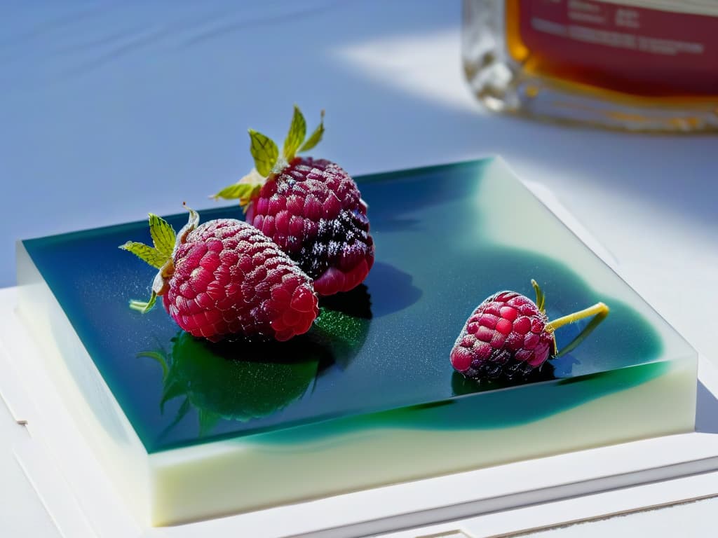  A closeup, highresolution image of a vibrant red raspberry being gently pressed against a clear, glossy gelatin sheet, capturing the moment the fruit's juices elegantly merge with the gelatin, showcasing the intricate texture and the play of light on the glossy surface. The image conveys a sense of precision, artistry, and the transformation of ingredients into delectable confections through the technique of gelification. hyperrealistic, full body, detailed clothing, highly detailed, cinematic lighting, stunningly beautiful, intricate, sharp focus, f/1. 8, 85mm, (centered image composition), (professionally color graded), ((bright soft diffused light)), volumetric fog, trending on instagram, trending on tumblr, HDR 4K, 8K