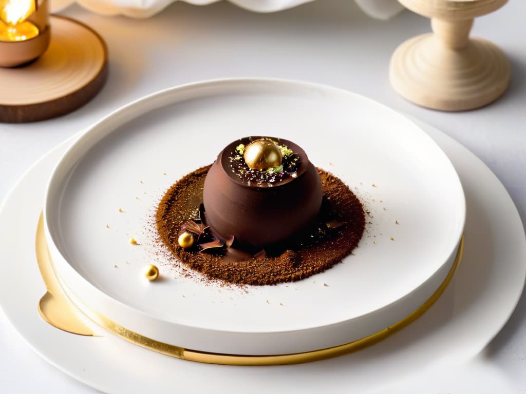  A highresolution image of a luxurious Belgian chocolate truffle, elegantly decorated with delicate gold leaf and surrounded by a sprinkle of cocoa powder on a sleek, modern white plate. The truffle is perfectly round, with a glossy sheen that reflects the soft ambient lighting, showcasing its intricate details and inviting texture. The background is blurred to create a sense of depth and focus solely on the exquisite chocolate creation, embodying the essence of Belgian chocolate craftsmanship and sophistication. hyperrealistic, full body, detailed clothing, highly detailed, cinematic lighting, stunningly beautiful, intricate, sharp focus, f/1. 8, 85mm, (centered image composition), (professionally color graded), ((bright soft diffused light)), volumetric fog, trending on instagram, trending on tumblr, HDR 4K, 8K