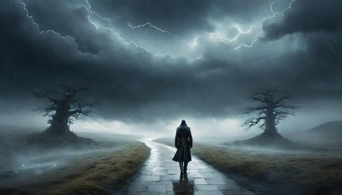  digital illustration, A crossroads under a stormy sky, four paths diverge, each leading into denser mist, one path slightly more worn than the others, decision’s uncertainty, the lure of the unknown paths, ominous clouds, veiled destiny, looking at viewer, dynamic pose, (intricate details, masterpiece, best quality)