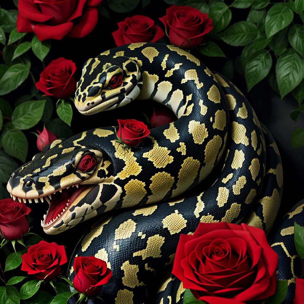  masterpiece, best quality, ball python wrapped around a red rose