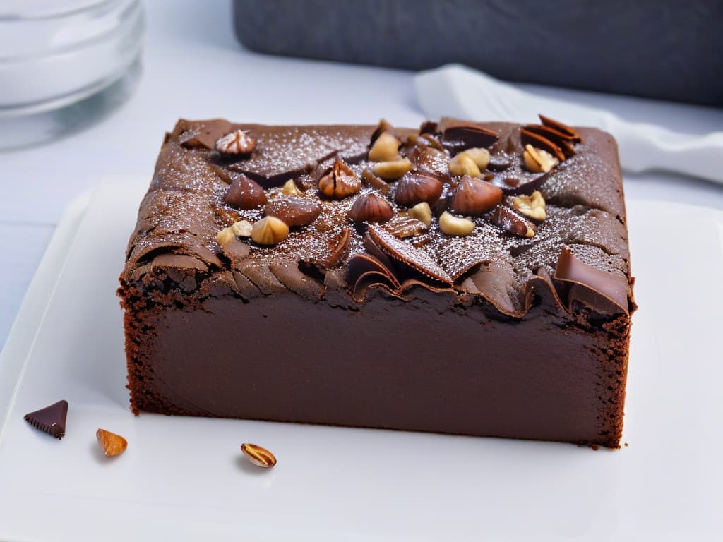  A closeup, ultradetailed image of a decadent, fudgy brownie with a shiny, crackly top, dusted with a light sprinkling of cocoa powder on a sleek, minimalist white plate. The brownie showcases a rich, dense texture studded with chopped nuts and a few scattered sugarfree dark chocolate chips, all elegantly arranged to highlight its gourmet quality. The lighting is soft, emphasizing the glossy finish of the brownie and creating a sophisticated, luxurious aesthetic. hyperrealistic, full body, detailed clothing, highly detailed, cinematic lighting, stunningly beautiful, intricate, sharp focus, f/1. 8, 85mm, (centered image composition), (professionally color graded), ((bright soft diffused light)), volumetric fog, trending on instagram, trending on tumblr, HDR 4K, 8K