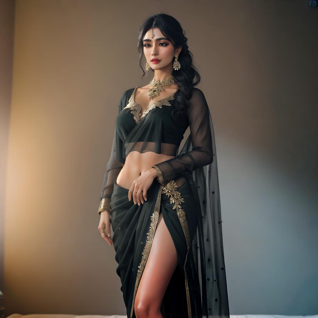  A beautiful girl with black sari,8k,high details hyperrealistic, full body, detailed clothing, highly detailed, cinematic lighting, stunningly beautiful, intricate, sharp focus, f/1. 8, 85mm, (centered image composition), (professionally color graded), ((bright soft diffused light)), volumetric fog, trending on instagram, trending on tumblr, HDR 4K, 8K